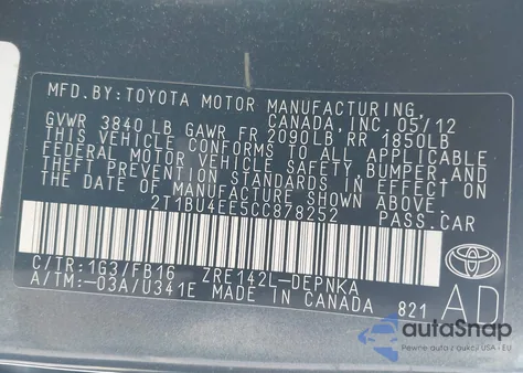 2012 Toyota Corolla Le from USA, damaged, VIN 2T1BU4EE5CC878252